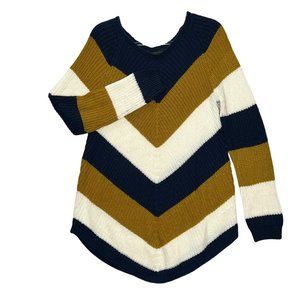 Polly & Esther Womens Sweater XL Blue Gold White Chevron Chunky Knit Casual Warm